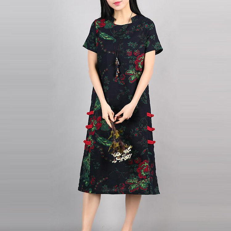 new navy floral vintage cotton dress loose Chinese Button sundress short sleeve maxi dress - Omychic