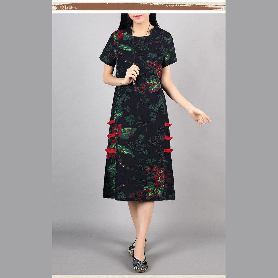 new navy floral vintage cotton dress loose Chinese Button sundress short sleeve maxi dress - Omychic