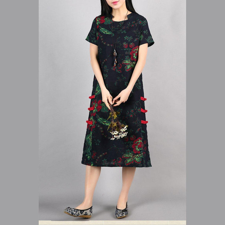 new navy floral vintage cotton dress loose Chinese Button sundress short sleeve maxi dress - Omychic