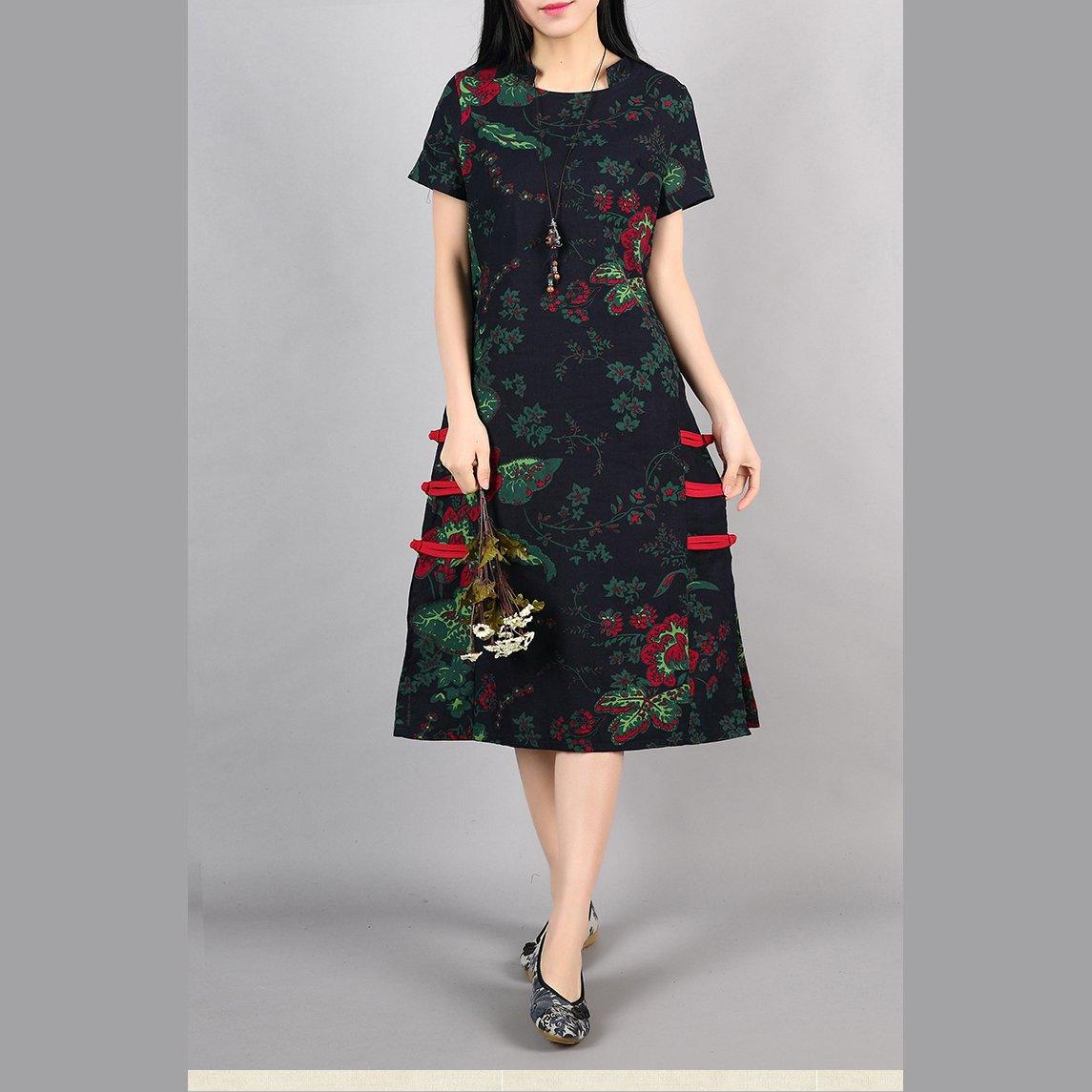 new navy floral vintage cotton dress loose Chinese Button sundress short sleeve maxi dress - Omychic