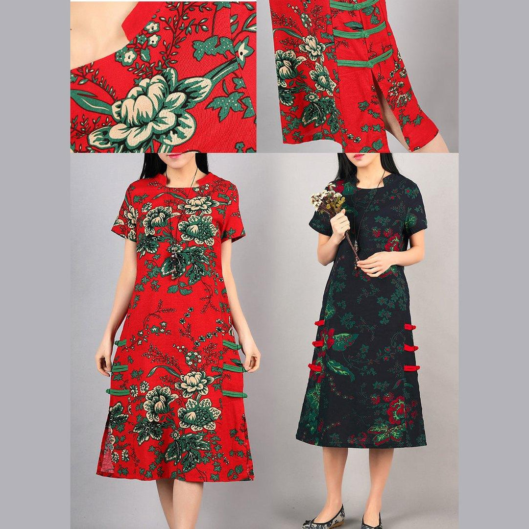 new navy floral vintage cotton dress loose Chinese Button sundress short sleeve maxi dress - Omychic