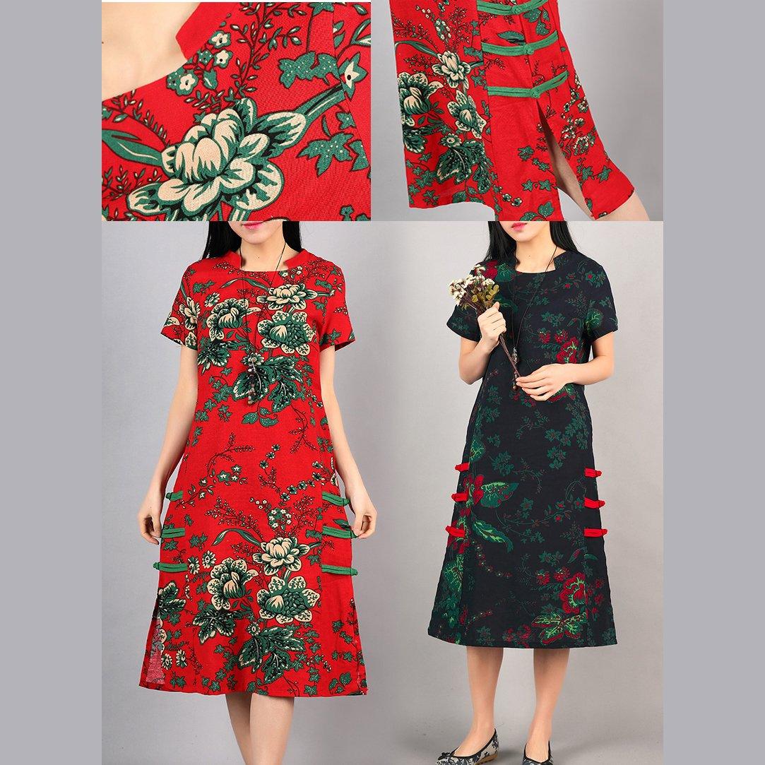 new navy floral vintage cotton dress loose Chinese Button sundress short sleeve maxi dress - Omychic
