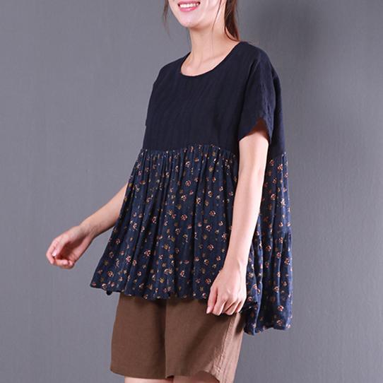 new navy patchwork prink linen tops plus size casual blouse short sleeve t shirt - Omychic