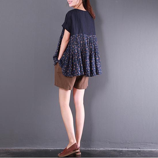 new navy patchwork prink linen tops plus size casual blouse short sleeve t shirt - Omychic