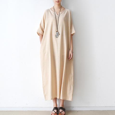 new nude casual linen dress oversize stylish sundress short sleeve maxi dress - Omychic