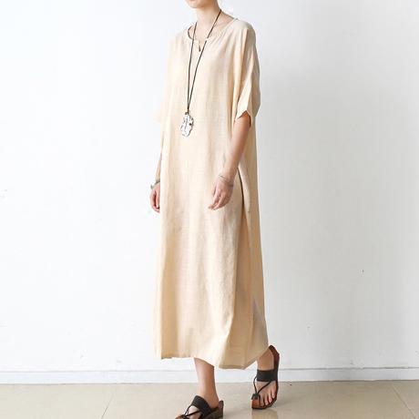 new nude casual linen dress oversize stylish sundress short sleeve maxi dress - Omychic