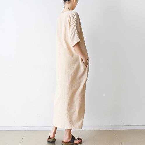 new nude casual linen dress oversize stylish sundress short sleeve maxi dress - Omychic