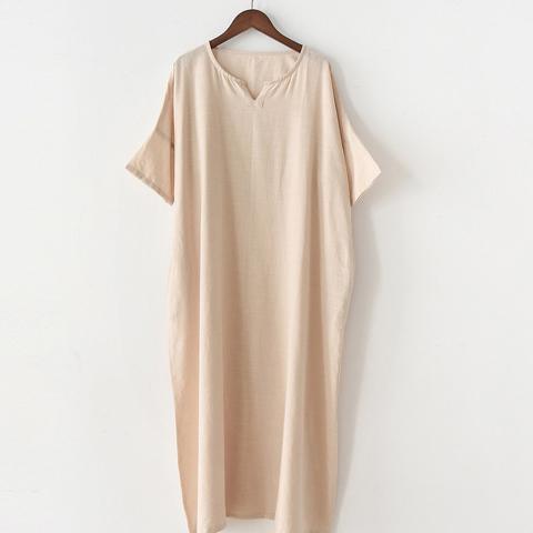 new nude casual linen dress oversize stylish sundress short sleeve maxi dress - Omychic