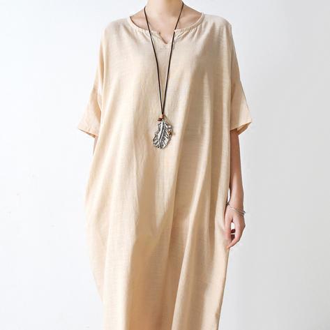 new nude casual linen dress oversize stylish sundress short sleeve maxi dress - Omychic