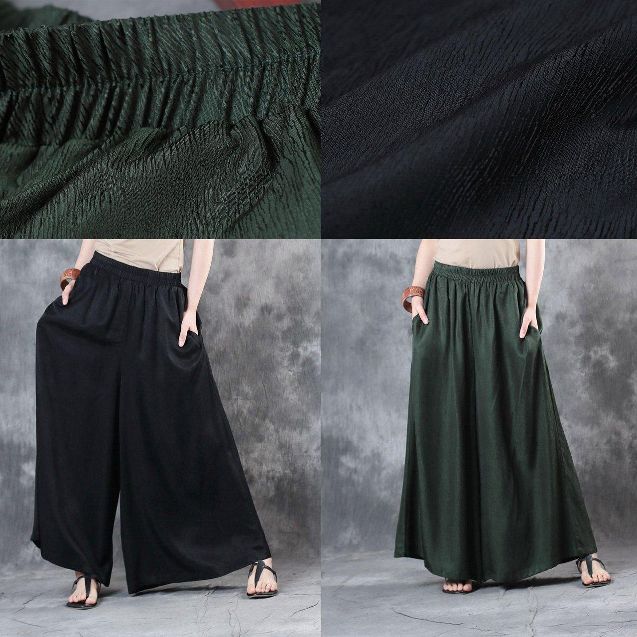 Free Shipping-New Olive Casual Draping Silk Pants Skirt Vintage Elastic Waist Wide Leg Pants - Omychic