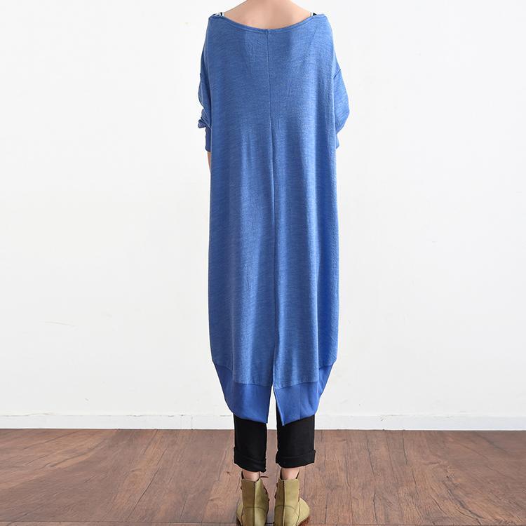 new original design blue linen casual sundress oversize asymmetric cotton blouse o neck unique dresses - Omychic