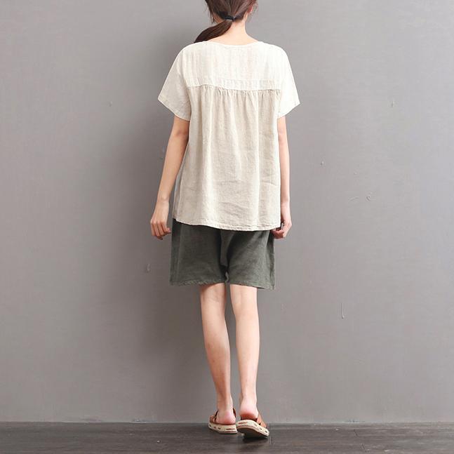 new patchwork tops summer striped linen blouse short sleeve t shirt - Omychic