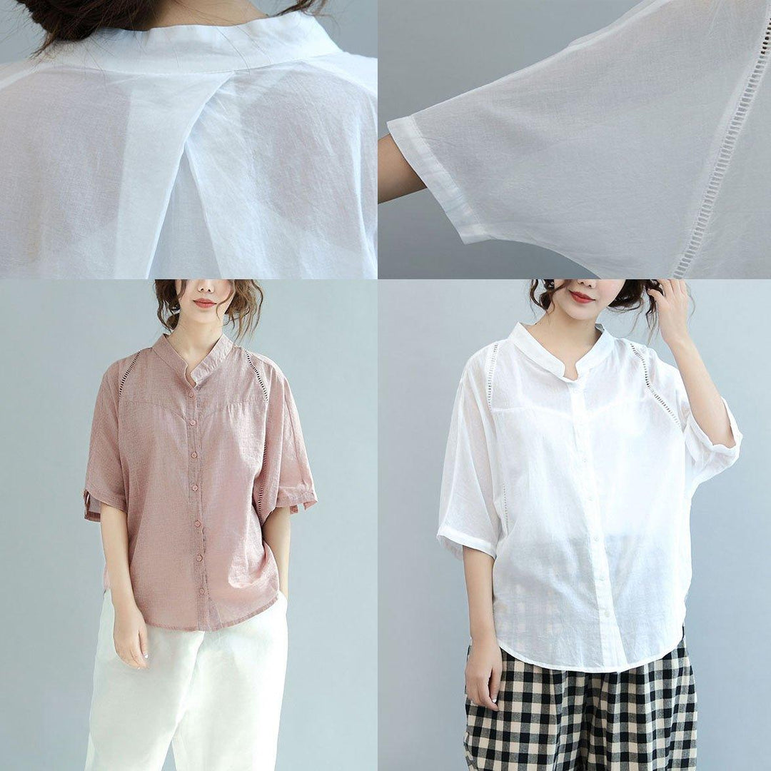 new pink casual cotton hollow out tops plus size blouse batwing sleeve shirt - Omychic