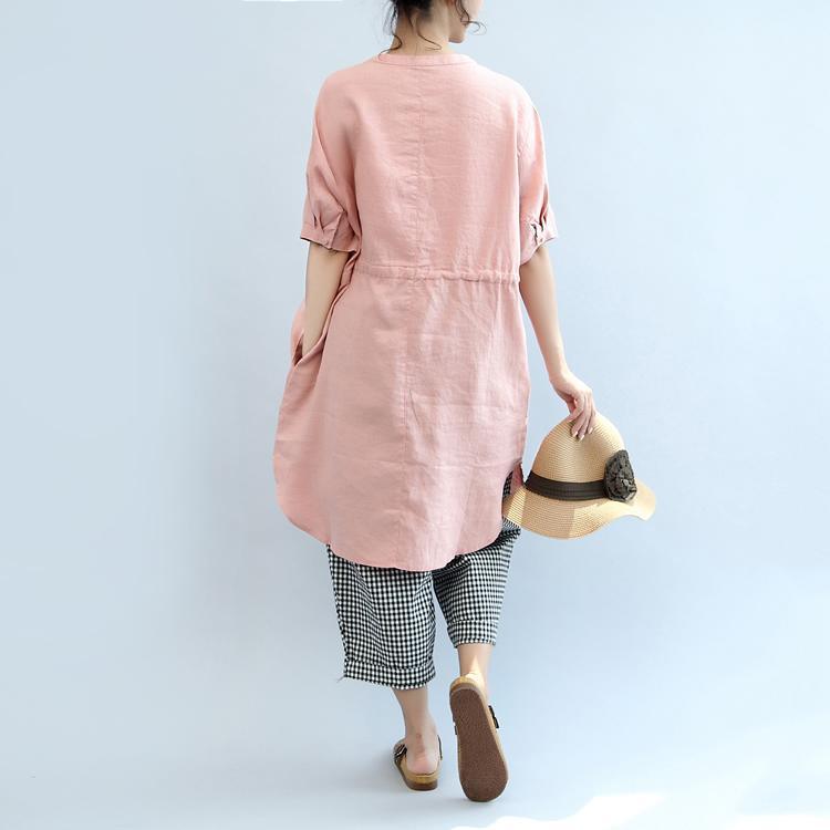 new pink stylish linen sundress plus size casual tops drawstring o neck shirt dress - Omychic