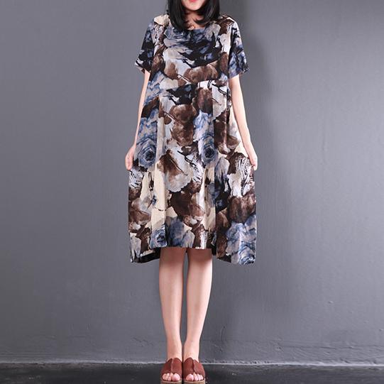 new print stylish linen dress oversize unique sundress short sleeve mid dress - Omychic