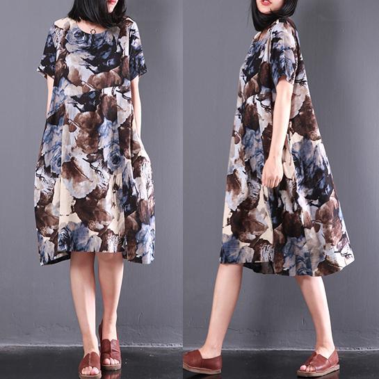 new print stylish linen dress oversize unique sundress short sleeve mid dress - Omychic