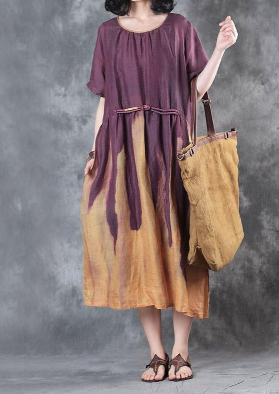 new purple patchwork yellow linen dresses plus size elastic waist sundress Chinese Button short sleeve maxi dress - Omychic