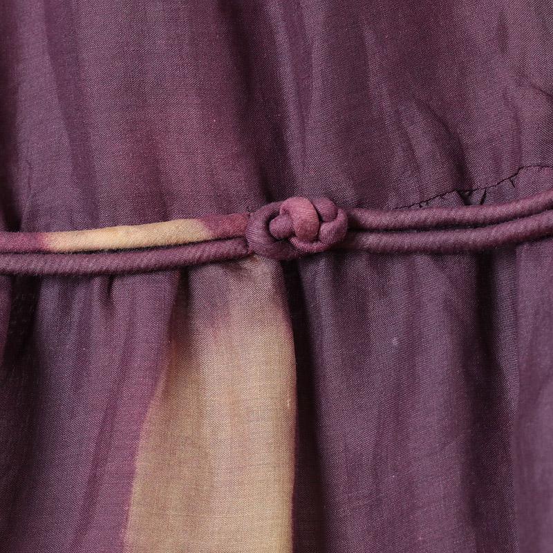 new purple patchwork yellow linen dresses plus size elastic waist sundress Chinese Button short sleeve maxi dress - Omychic