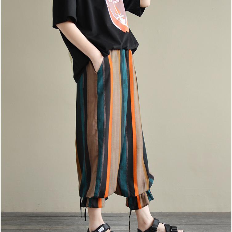 new rainbow stylish chiffon crop pant striped casual oversize lantern pants - Omychic