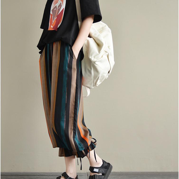 new rainbow stylish chiffon crop pant striped casual oversize lantern pants - Omychic