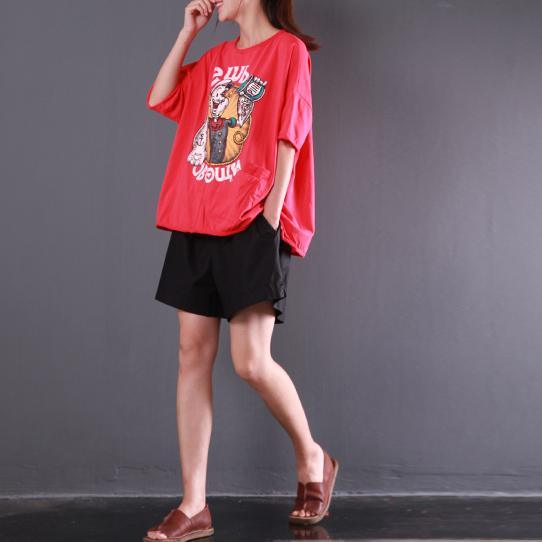 new red casual cotton blouse oversize casual t shirt o neck tops cartoon print - Omychic