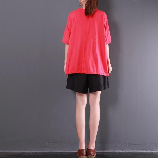 new red casual cotton blouse oversize casual t shirt o neck tops cartoon print - Omychic