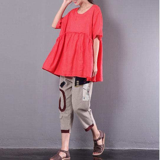 new red casual linen tops oversize patchwork pullover short sleeve wrinkled t shirt - Omychic