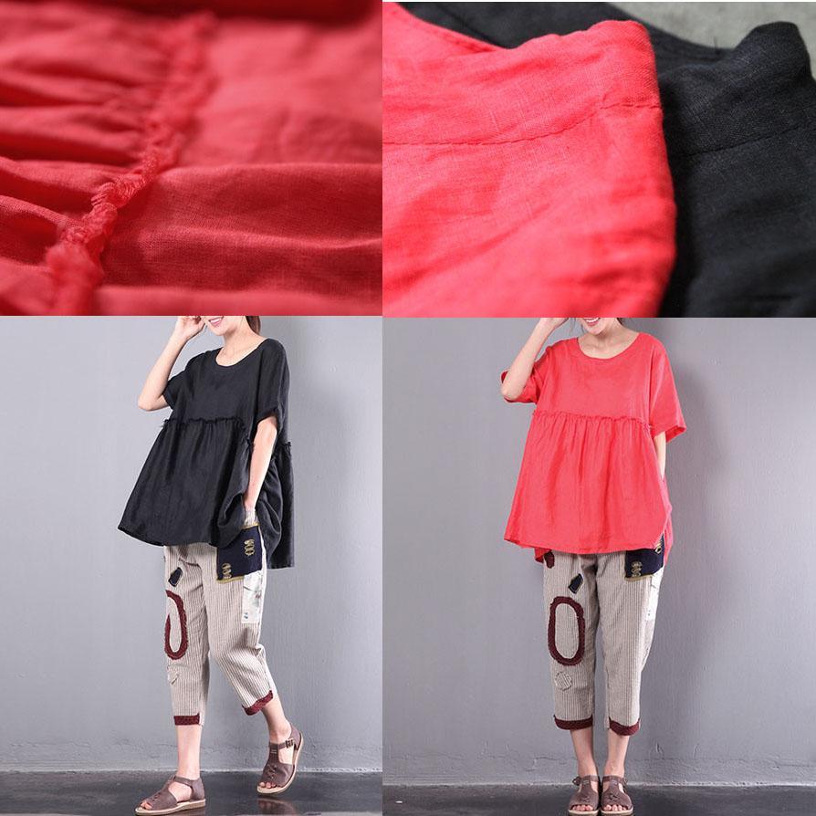 new red casual linen tops oversize patchwork pullover short sleeve wrinkled t shirt - Omychic
