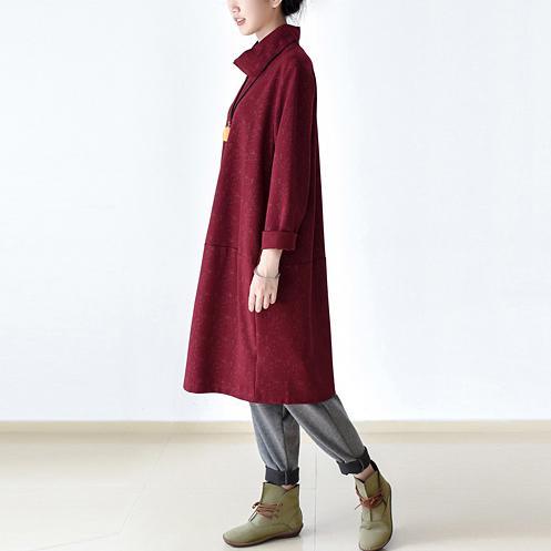 new red high neck warm cotton dresses plus size casual pullover dress - Omychic