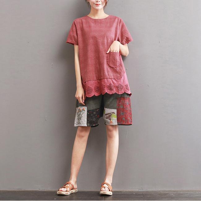 new red plus size linen tops summer lace ruffles blouse short sleeve hollow out t shirt - Omychic