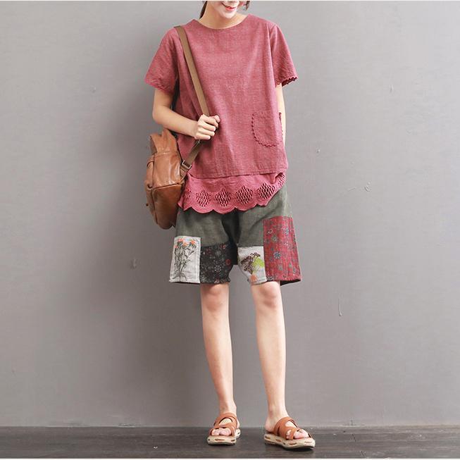 new red plus size linen tops summer lace ruffles blouse short sleeve hollow out t shirt - Omychic