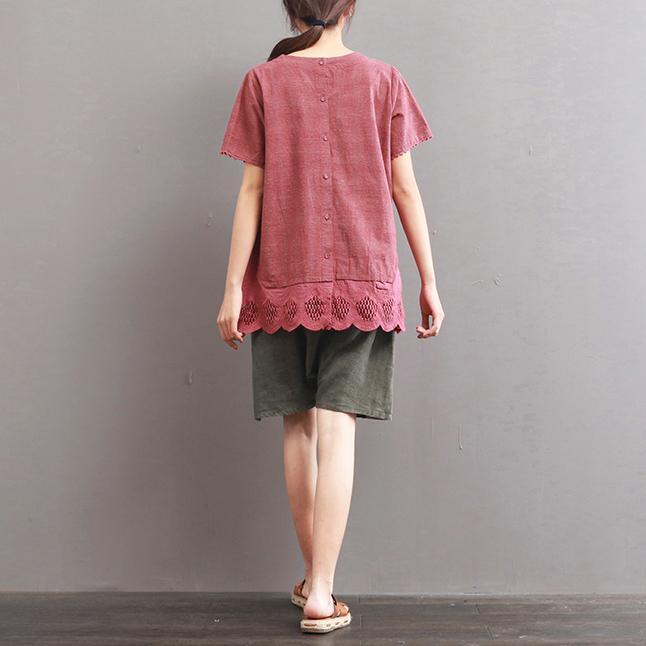 new red plus size linen tops summer lace ruffles blouse short sleeve hollow out t shirt - Omychic