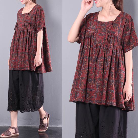new red print cotton tops oversize ruffles short sleeve blouse - Omychic