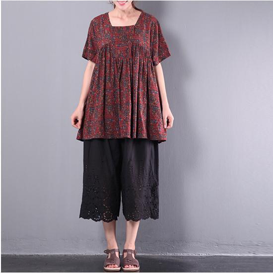 new red print cotton tops oversize ruffles short sleeve blouse - Omychic