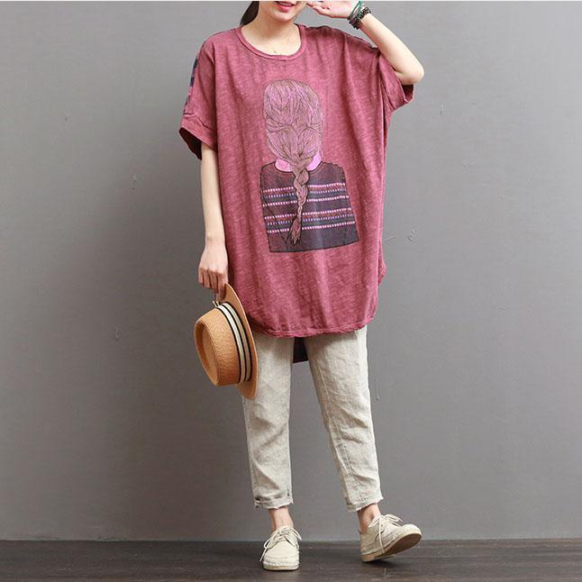 new red print summer tops plus size cotton pullover short sleeve plaid t shirt - Omychic