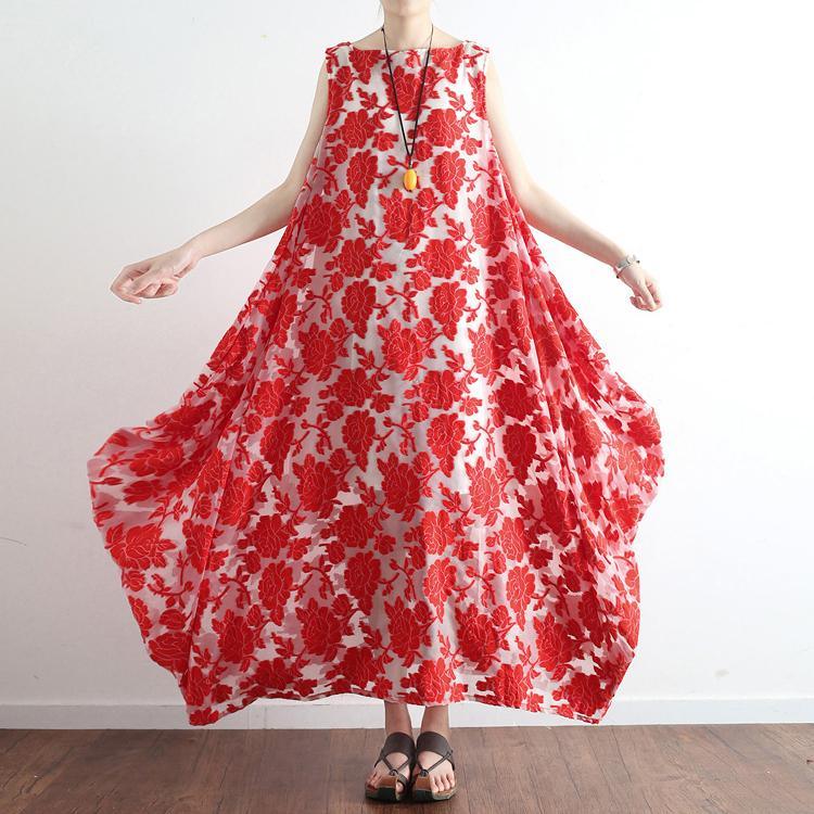 new red prints casual cotton dresses oversize sundress sleeveless maxi dress - Omychic