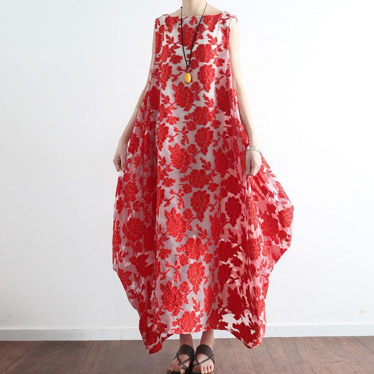new red prints casual cotton dresses oversize sundress sleeveless maxi dress - Omychic