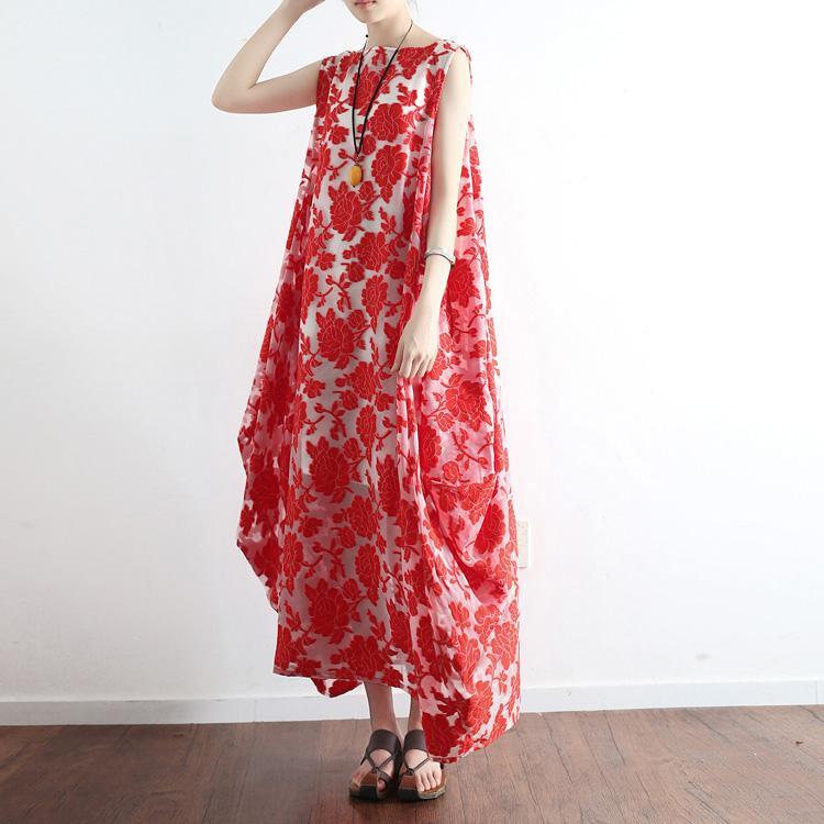 new red prints casual cotton dresses oversize sundress sleeveless maxi dress - Omychic