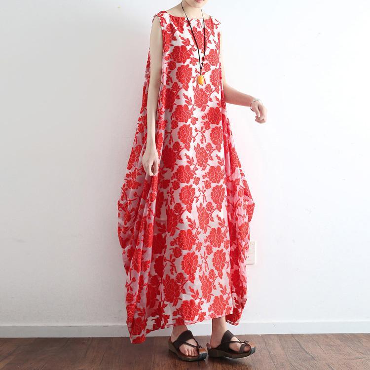 new red prints casual cotton dresses oversize sundress sleeveless maxi dress - Omychic