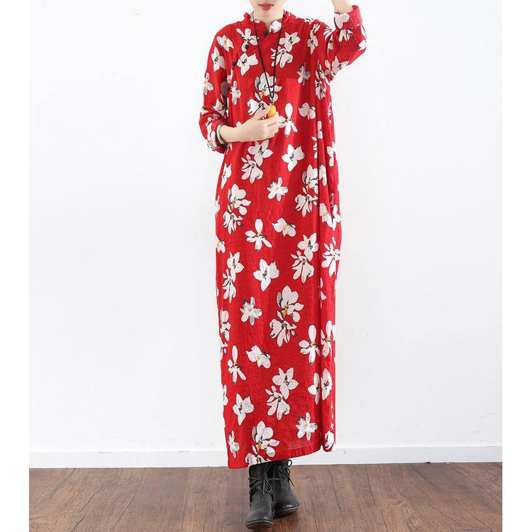 new red prints cotton dresses plus size Chinese button vintage sundress long sleeve maxi dress - Omychic