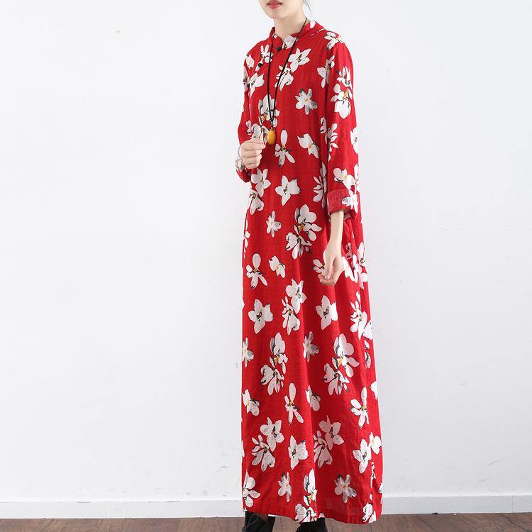 new red prints cotton dresses plus size Chinese button vintage sundress long sleeve maxi dress - Omychic