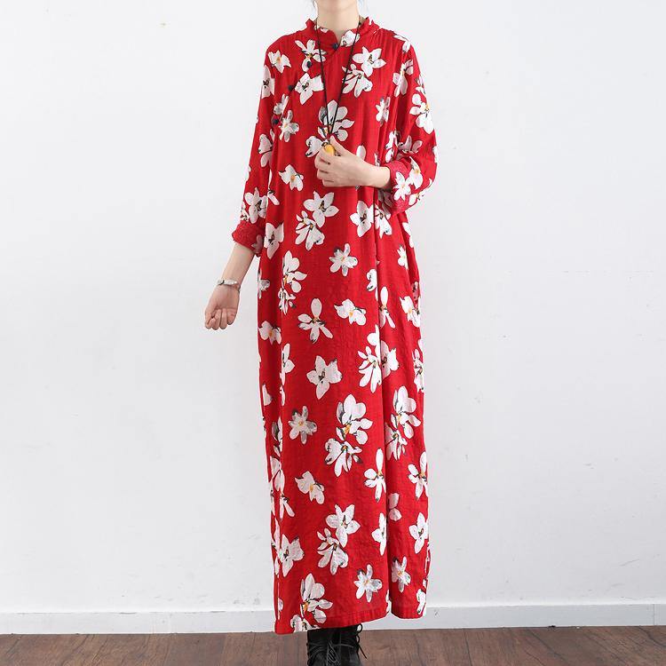 new red prints cotton dresses plus size Chinese button vintage sundress long sleeve maxi dress - Omychic