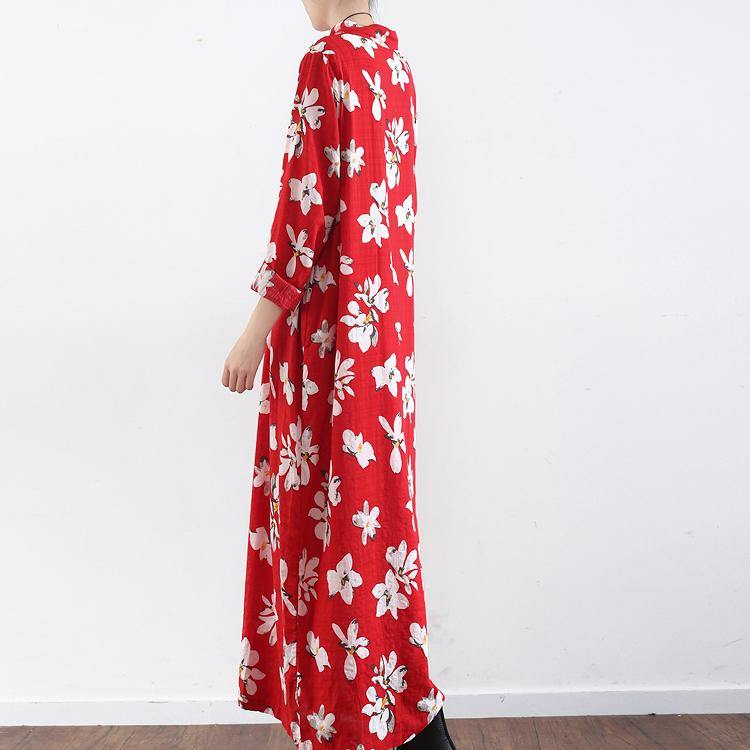 new red prints cotton dresses plus size Chinese button vintage sundress long sleeve maxi dress - Omychic