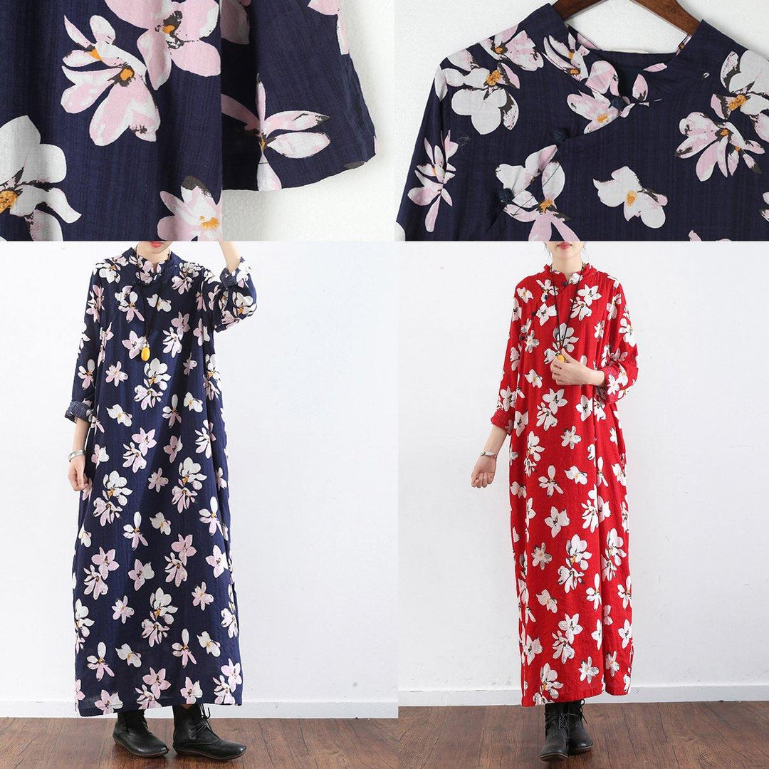 new red prints cotton dresses plus size Chinese button vintage sundress long sleeve maxi dress - Omychic