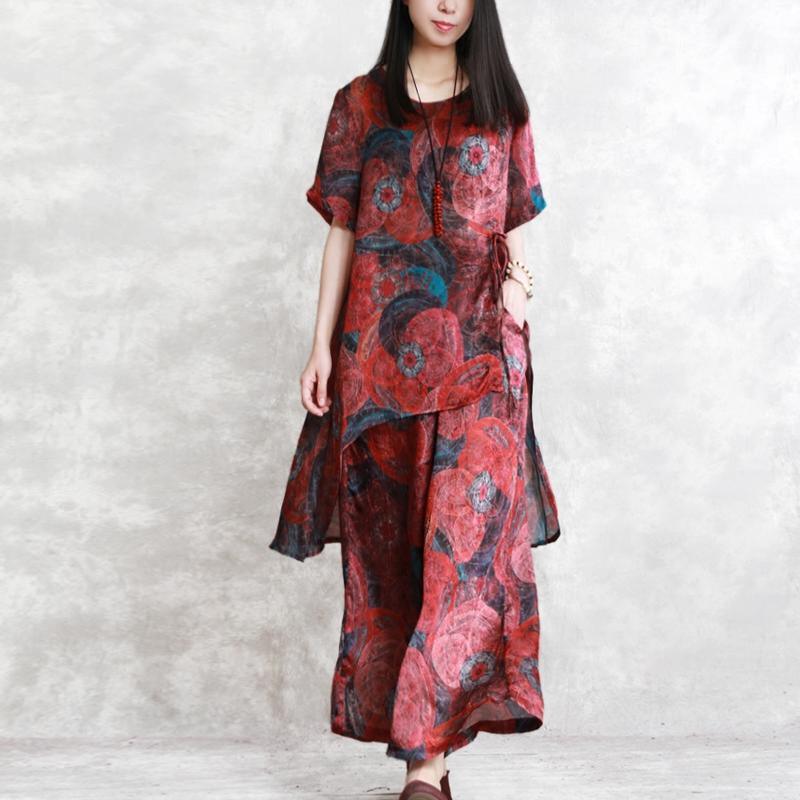 new red prints silk blended asymmetric short sleeve pullover tops with elastic waist wide leg pants two pieces - Omychic