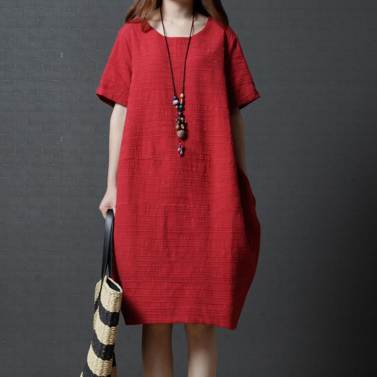 new red solid slim linen dresses plus size casual sundress short sleeve shift dress - Omychic