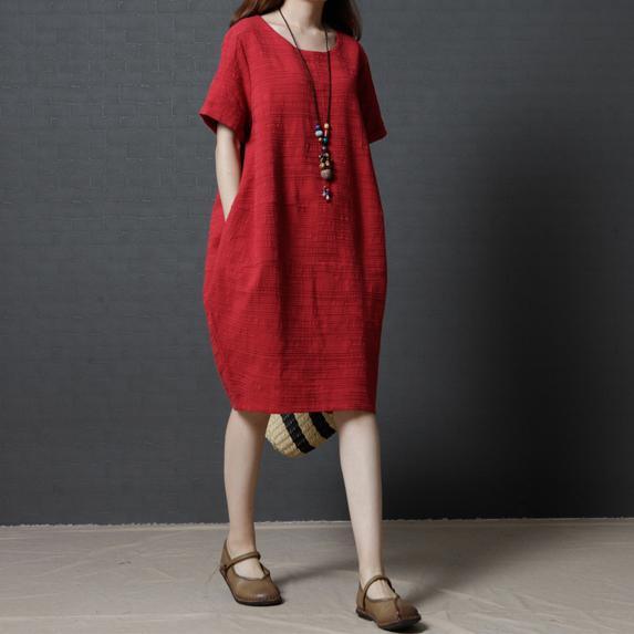 new red solid slim linen dresses plus size casual sundress short sleeve shift dress - Omychic