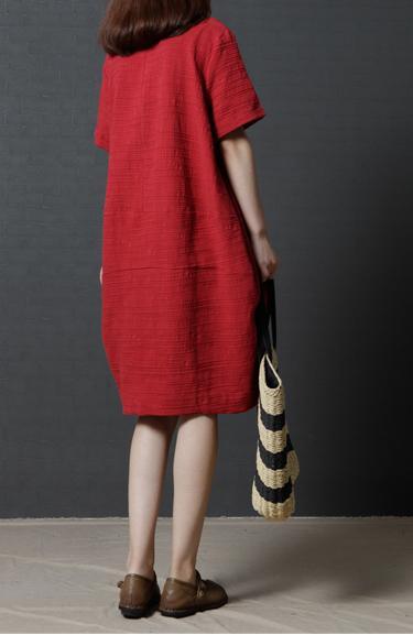 new red solid slim linen dresses plus size casual sundress short sleeve shift dress - Omychic