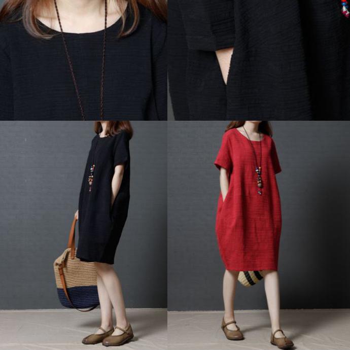 new red solid slim linen dresses plus size casual sundress short sleeve shift dress - Omychic