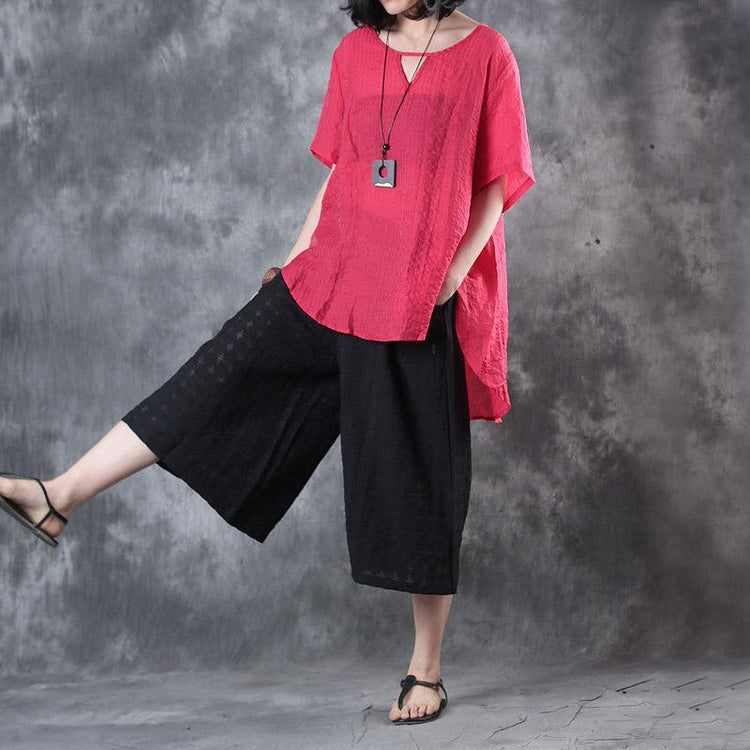 new red stylish silk linen t shirt casual vintage crop pants tops and pants two pieces - Omychic
